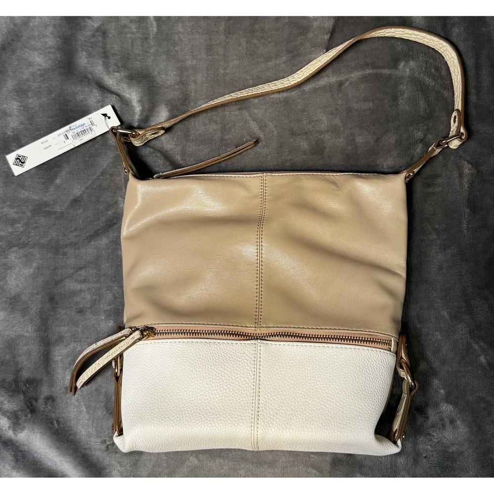Sondra Roberts Squared Shoulder Bag Womens Taupe White Faux Leather‎ SRB2-5838